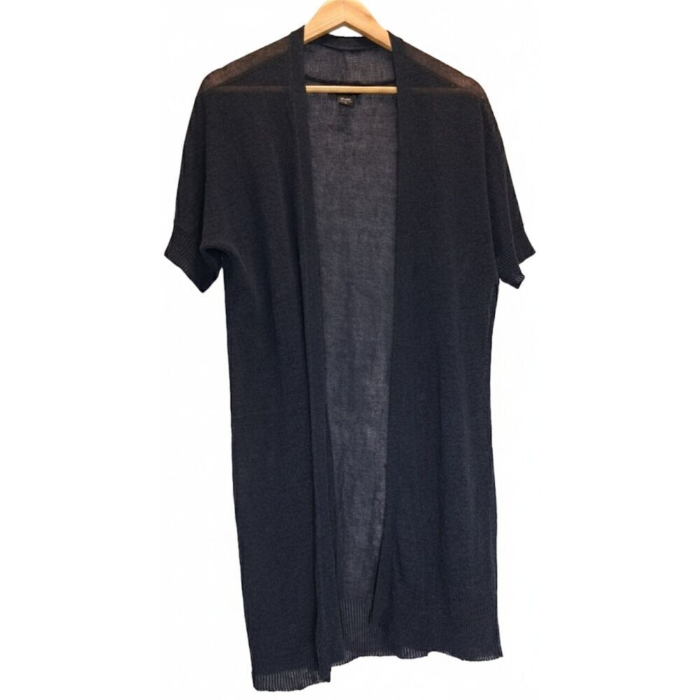 New York & Company womens large long linen cardigan sheer long blue